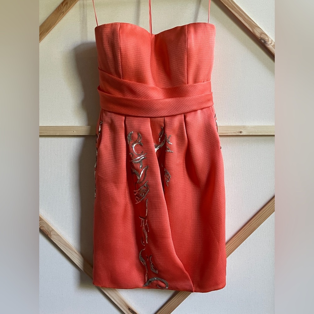 Oscar De La Renta Orange/Coral Silk Bustier Dress Sz 8